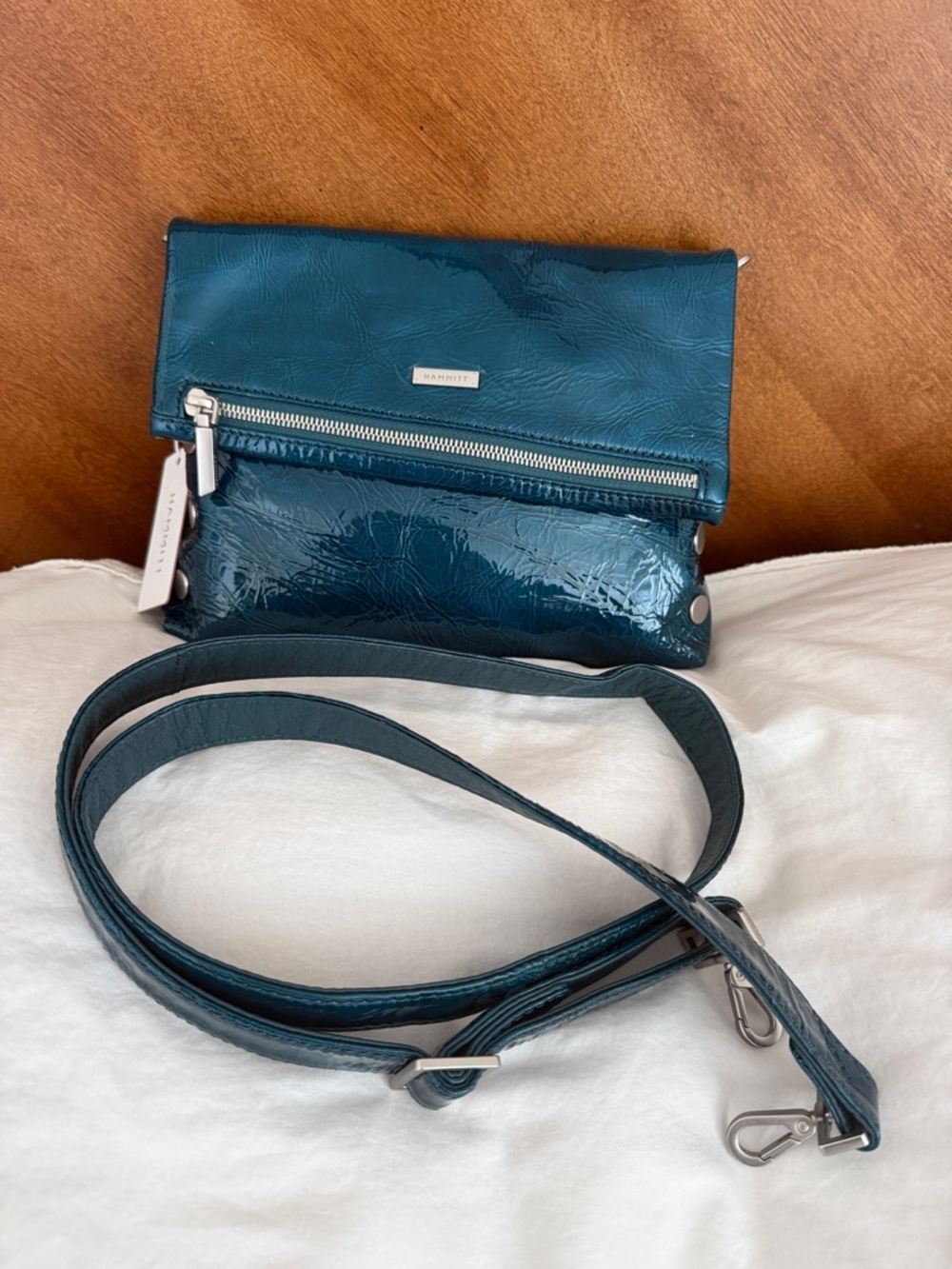 NWT Hammitt VIP Medium Dipped Teal  with Brushed Silver Hardware Fold Over Zip
